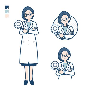A woman doctor in a lab coat with Think about the answer images.It's vector art so it's easy to edit.