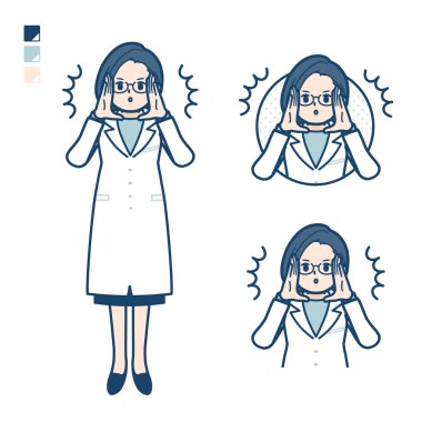 A woman doctor in a lab coat with Warned loudly images.It's vector art so it's easy to edit.