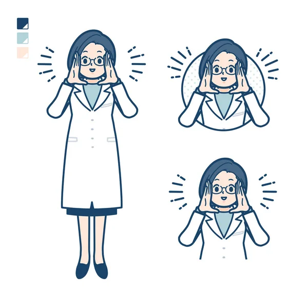 A woman doctor in a lab coat with Calling out loud images.It's vector art so it's easy to edit.