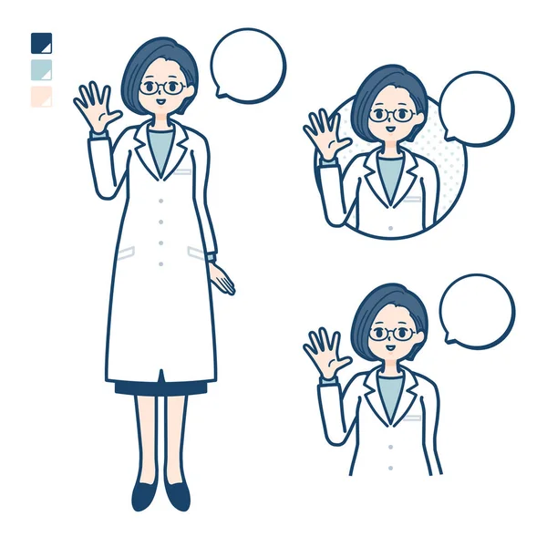 A woman doctor in a lab coat with greeting images.It's vector art so it's easy to edit.