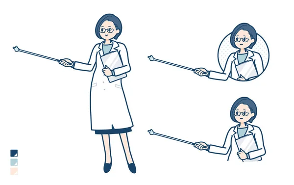 Woman Doctor Lab Coat Explanation Pointing Stick Images Vector Art — 스톡 벡터