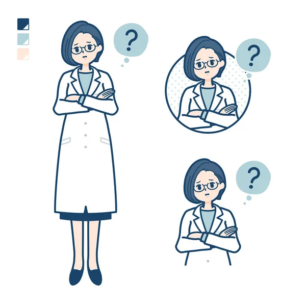 A woman doctor in a lab coat with Question images.It's vector art so it's easy to edit.