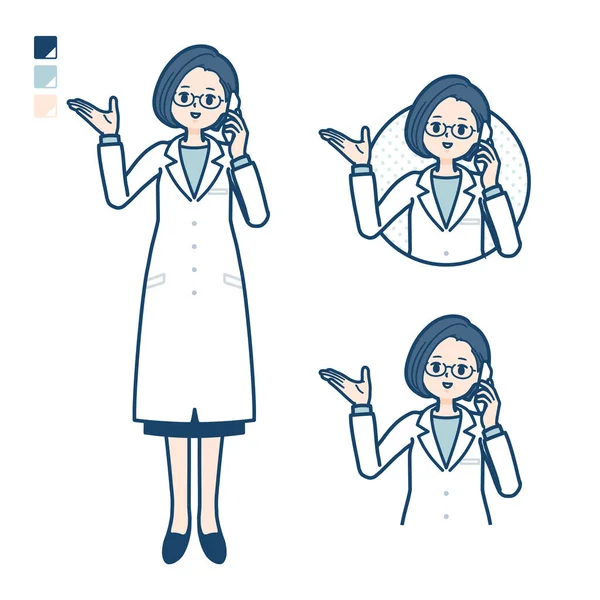 A woman doctor in a lab coat with Call on smartphone images.It's vector art so it's easy to edit.
