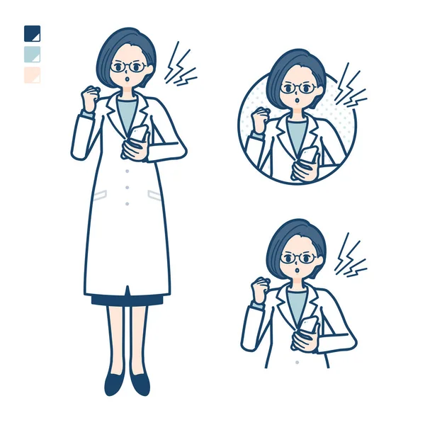A woman doctor in a lab coat with Holding a smartphone and anger images.It's vector art so it's easy to edit.