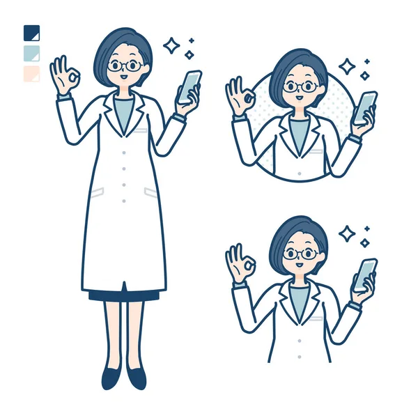 Woman Doctor Lab Coat Holding Smartphone Doing Sign Images Vector — стоковый вектор