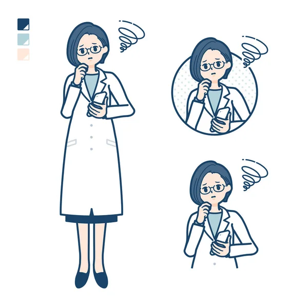 A woman doctor in a lab coat with Holding a smartphone and troubled images.It's vector art so it's easy to edit.