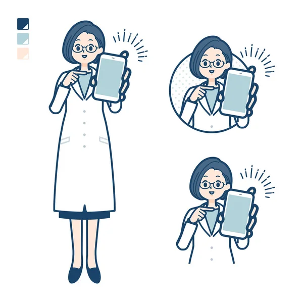 A woman doctor in a lab coat with Offer a smartphone images.It's vector art so it's easy to edit.