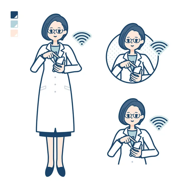 A woman doctor in a lab coat with Operate smartphone images.It's vector art so it's easy to edit.