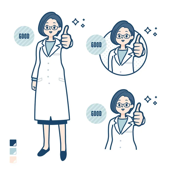 A woman doctor in a lab coat with Thumbs up images.It's vector art so it's easy to edit.