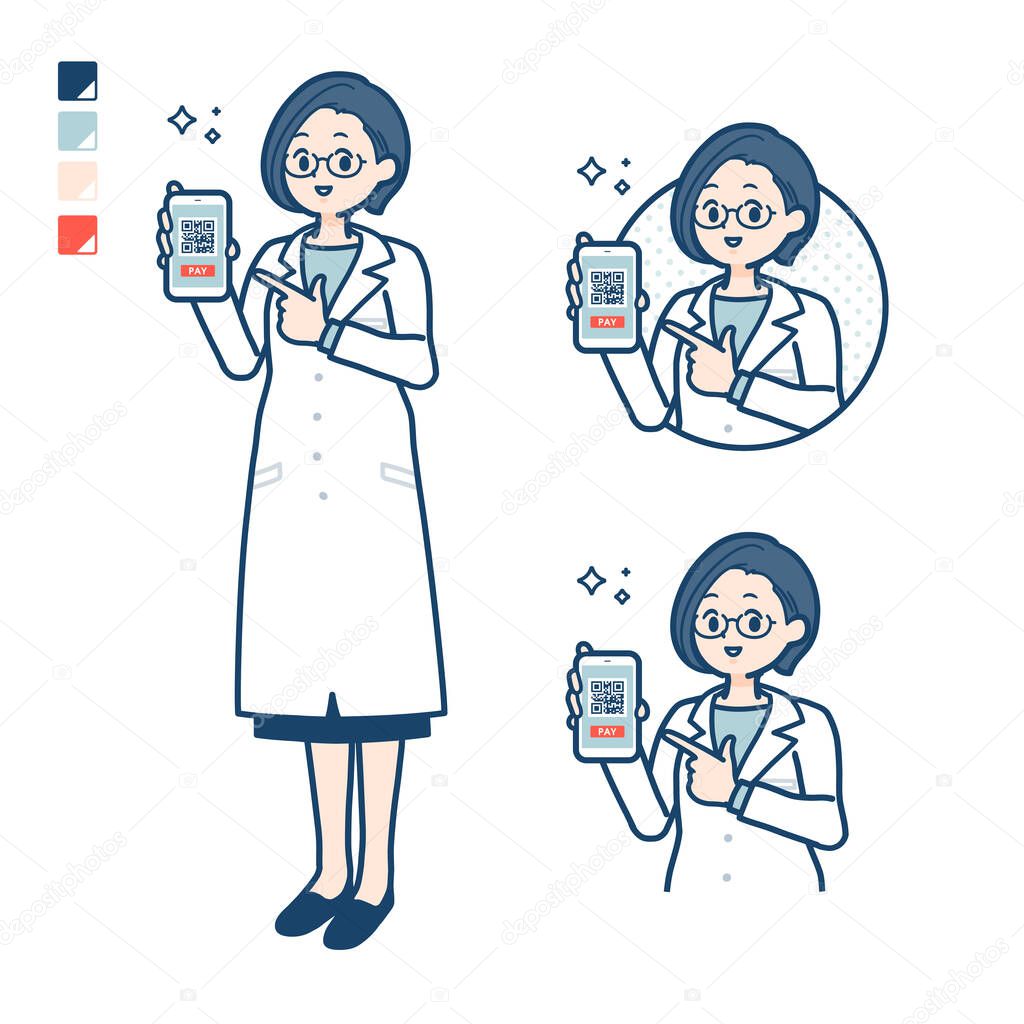 A woman doctor in a lab coat with cashless payment on smartphone images.It's vector art so it's easy to edit.