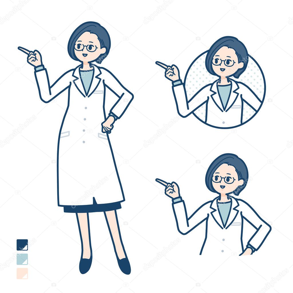 A woman doctor in a lab coat with Explanation Pointing images.It's vector art so it's easy to edit.