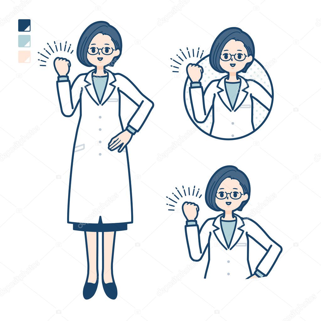 A woman doctor in a lab coat with fist pump images.It's vector art so it's easy to edit.