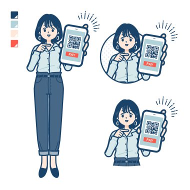 Young woman in an open-collared shirt with cashless payment on smartphone images.It's vector art so it's easy to edit.