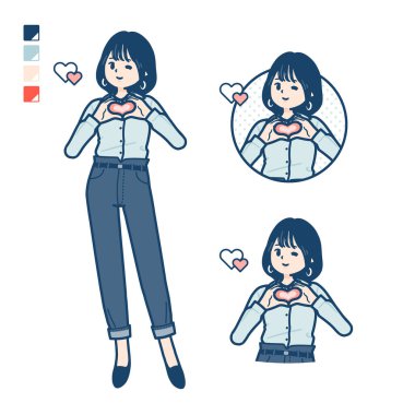 Young woman in an open-collared shirt with making a heart symbol by hand images.It's vector art so it's easy to edit.