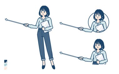 Young woman in an open-collared shirt with Explanation with a pointing stick images.It's vector art so it's easy to edit.