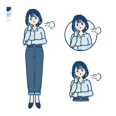 Young woman in an open-collared shirt with Sighing images.It's vector art so it's easy to edit.