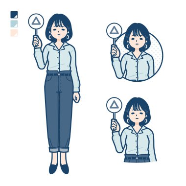 Young woman in an open-collared shirt with Put out a Triangle panel images.It's vector art so it's easy to edit.