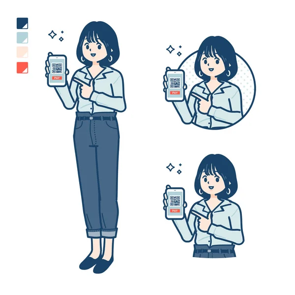Young Woman Open Collared Shirt Cashless Payment Smartphone Images Vector — Vettoriale Stock