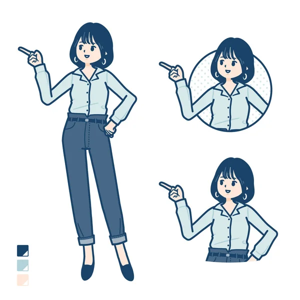 Young Woman Open Collared Shirt Explanation Pointing Images Vector Art — 图库矢量图片