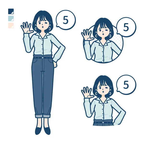 Young Woman Open Collared Shirt Counting Images Vector Art Easy — ストックベクタ