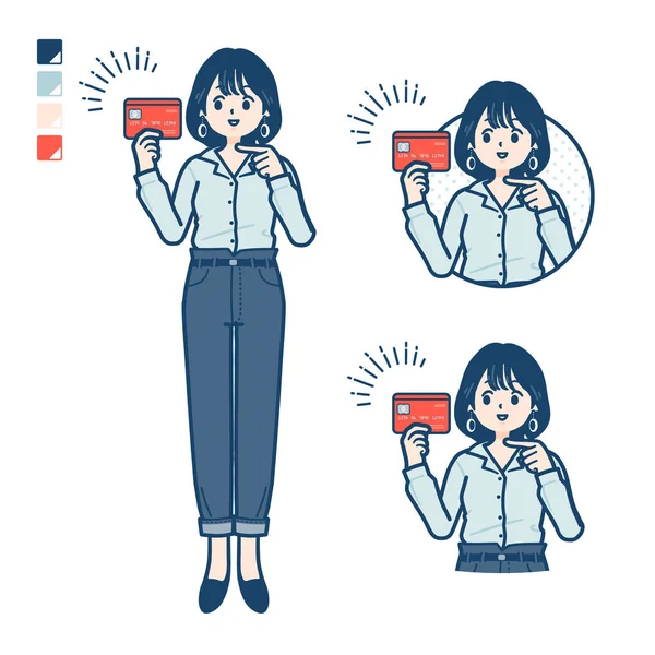 Young Woman Open Collared Shirt Pointing Credit Card Images Vector — 图库矢量图片