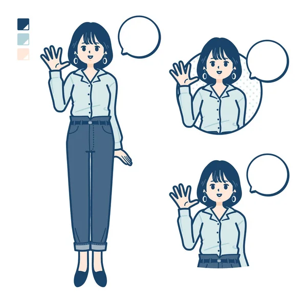 Young Woman Open Collared Shirt Greeting Images Vector Art Easy — Vettoriale Stock