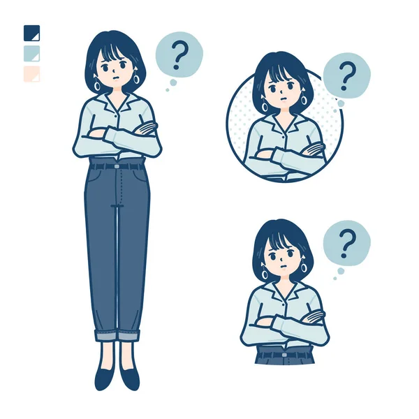 Young Woman Open Collared Shirt Question Images Vector Art Easy — Stok Vektör