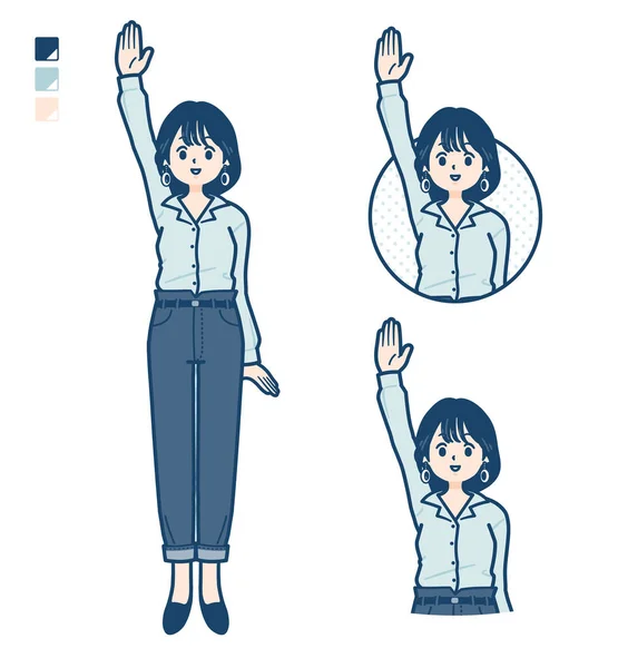 Young Woman Open Collared Shirt Raise Hand Images Vector Art — Stok Vektör