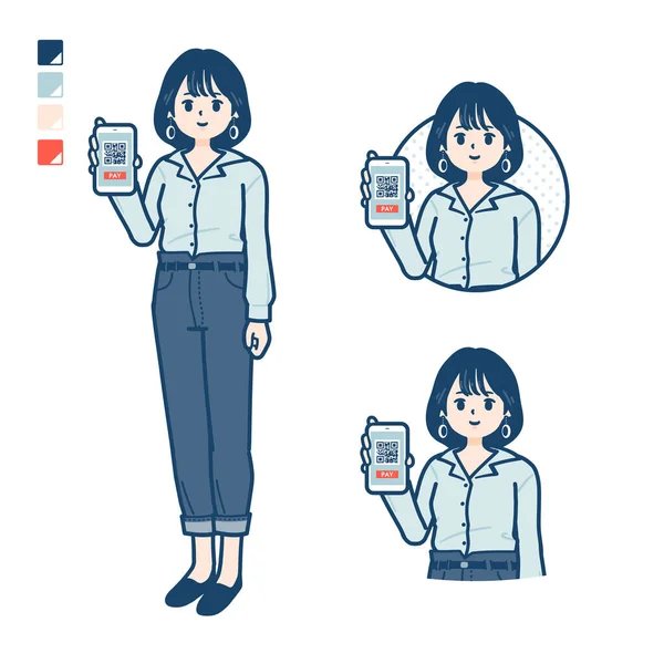 Young Woman Open Collared Shirt Cashless Payment Smartphone Images Vector — Διανυσματικό Αρχείο