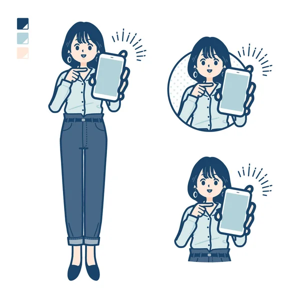 Young Woman Open Collared Shirt Offer Smartphone Images Vector Art — 图库矢量图片