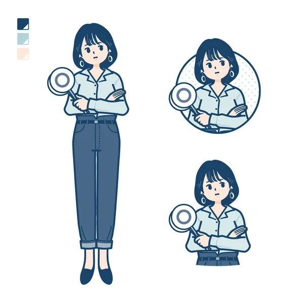 Young Woman Open Collared Shirt Think Answer Images Vector Art — стоковый вектор