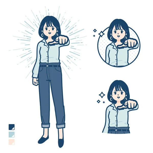 Young Woman Open Collared Shirt Pointing Front Images Vector Art — 图库矢量图片