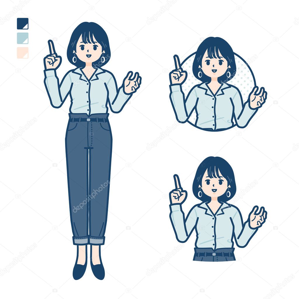 Young woman in an open-collared shirt with speaking images.It's vector art so it's easy to edit.