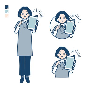 Üzerinde akıllı telefon görüntüsü olan orta yaşlı bir kadın. Bu vektör sanatı. Düzenlemesi kolay..