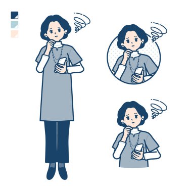 Elinde akıllı telefon ve sorunlu görüntüler olan orta yaşlı bir kadın. Bu vektör sanatı, yani montajı kolay..