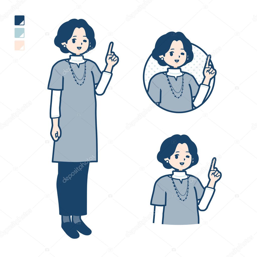 Middle-aged woman in a tunic with pointing hand sign images.It's vector art so it's easy to edit.