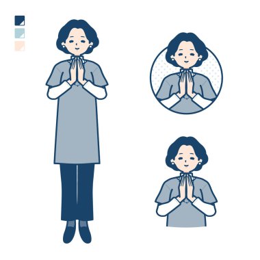 Tunikte dua eden elleri olan orta yaşlı bir kadın. Bu vektör sanatı. Düzenlemesi kolay..