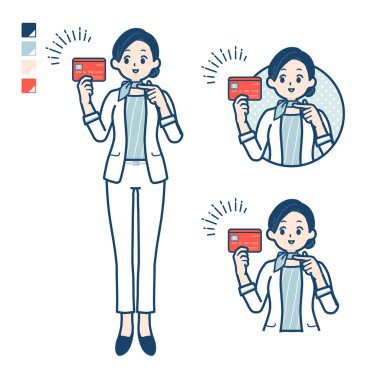 Kredi kartı görüntülerine işaret eden güzellik danışmanı kadın. Vektör sanatı olduğu için düzenlemesi kolay..