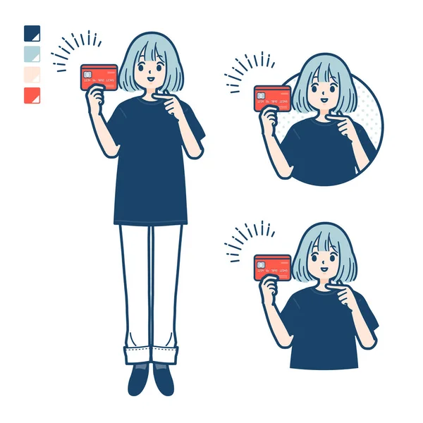 一个穿着大号T恤 指着信用卡图片的女人 它是矢量艺术 所以很容易编辑 — 图库矢量图片