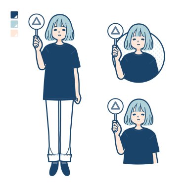 Büyük beden tişört giyen bir kadın. Üçgen paneli görüntüler koyuyor. Bu vektör sanatı..