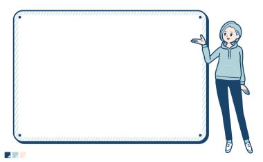 Çerçeve rehber resimli kapüşonlu genç bir kadın. Bu vektör sanatı, bu yüzden düzenlemek kolay..