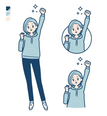 Kapüşonlu genç bir kadın. Yumruk pompası görüntüleriyle. Bu vektör sanatı..