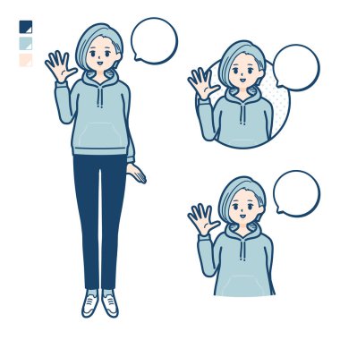 Kapüşonlu ve resimli genç bir kadın. Vektör sanatı olduğu için düzenlemesi kolay..