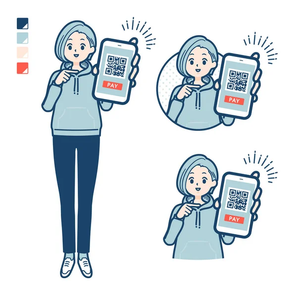 Ung Kvinna Huvtröja Med Kontantlös Betalning Smartphonebilder Det Vektorkonst Det — Stock vektor