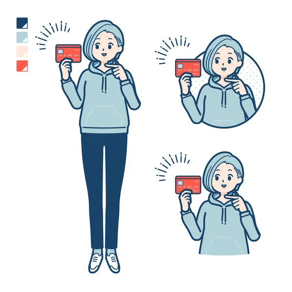 一个穿着连帽衫 指着信用卡图片的年轻女人 它是矢量艺术 所以很容易编辑 — 图库矢量图片