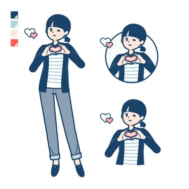 Tek düğümlü saçı olan ve elle kalp sembolü yapan bir kadın. Bu vektör sanatı, bu yüzden düzenlemesi kolay..