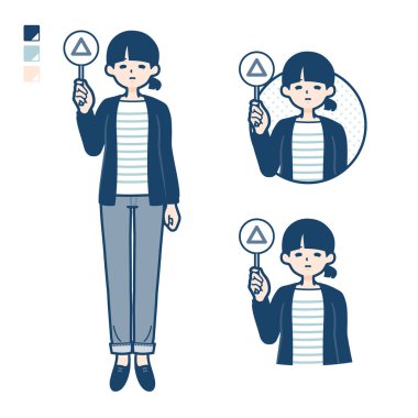 Tek düğümlü saçı olan bir kadın, üçgen panel görüntüsü koyar. Bu vektör sanatı, yani düzenlemek kolay..