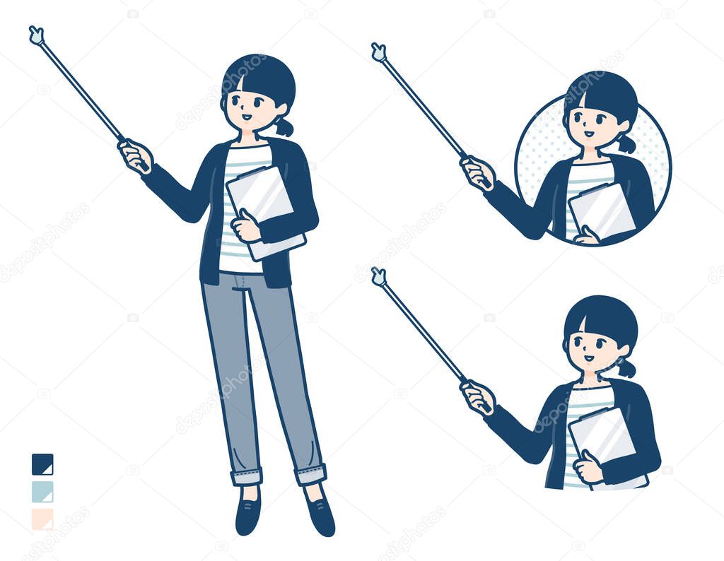 A Woman with one knot hair with Explanation with a pointing stick images.It's vector art so it's easy to edit.