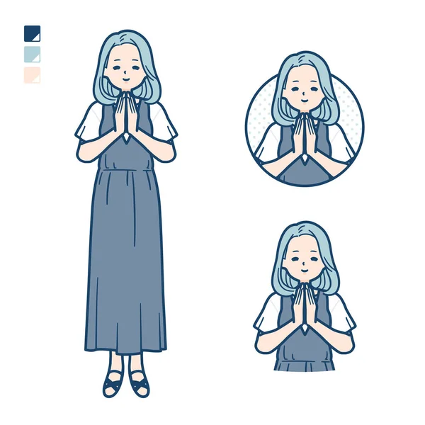 一个穿着无袖连衣裙 双手紧握着祈祷图片的年轻女人 它是矢量艺术 所以很容易编辑 — 图库矢量图片