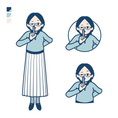 Gözlüklü genç bir kadın sessiz el işaretleri ile resim imzalar. Bu vektör sanatı, bu yüzden düzenlemek kolay..